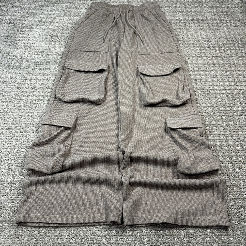 Baggy Halara Ribbed Cargo Pants XS Taupe Wide Leg High Waist Drawstring Utility